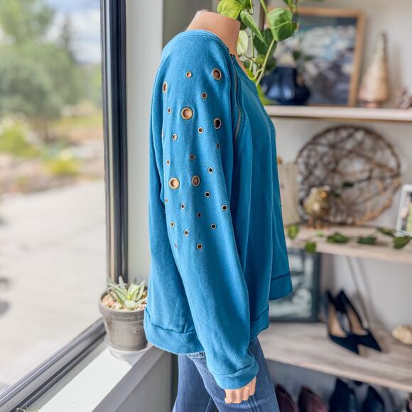 Venus Lightweight Teal Sweatshirt w/ Brass Grommet Holes & Zippers-Women's 3XL - Picture 4 of 11